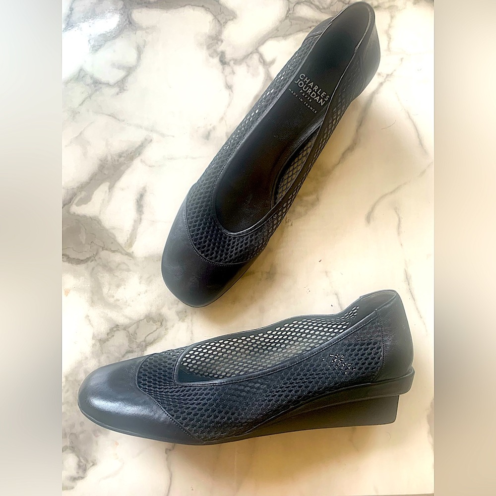 CHARLES JOURDAN PARIS Vintage Fishnet Leather Black Loafer-10M